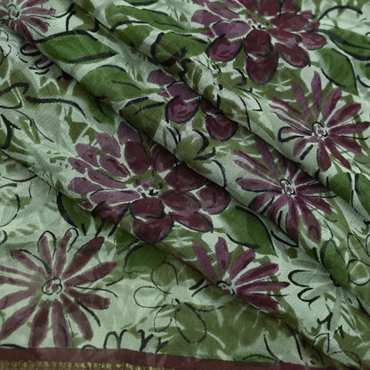 Indian Vintage Sari Green & Ivory Pure Chiffon Silk Printed Sarees 5Yd Craft Fabric Sewing Soft Light Sari Dress Making Upcycle Quilting