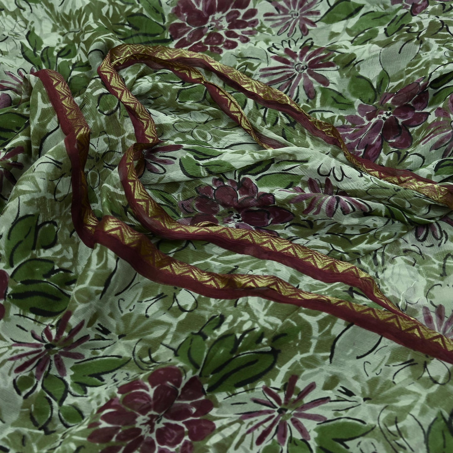 Indian Vintage Sari Green & Ivory Pure Chiffon Silk Printed Sarees 5Yd Craft Fabric Sewing Soft Light Sari Dress Making Upcycle Quilting