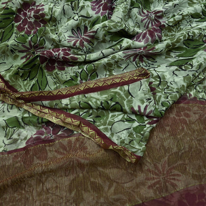 Indian Vintage Sari Green & Ivory Pure Chiffon Silk Printed Sarees 5Yd Craft Fabric Sewing Soft Light Sari Dress Making Upcycle Quilting