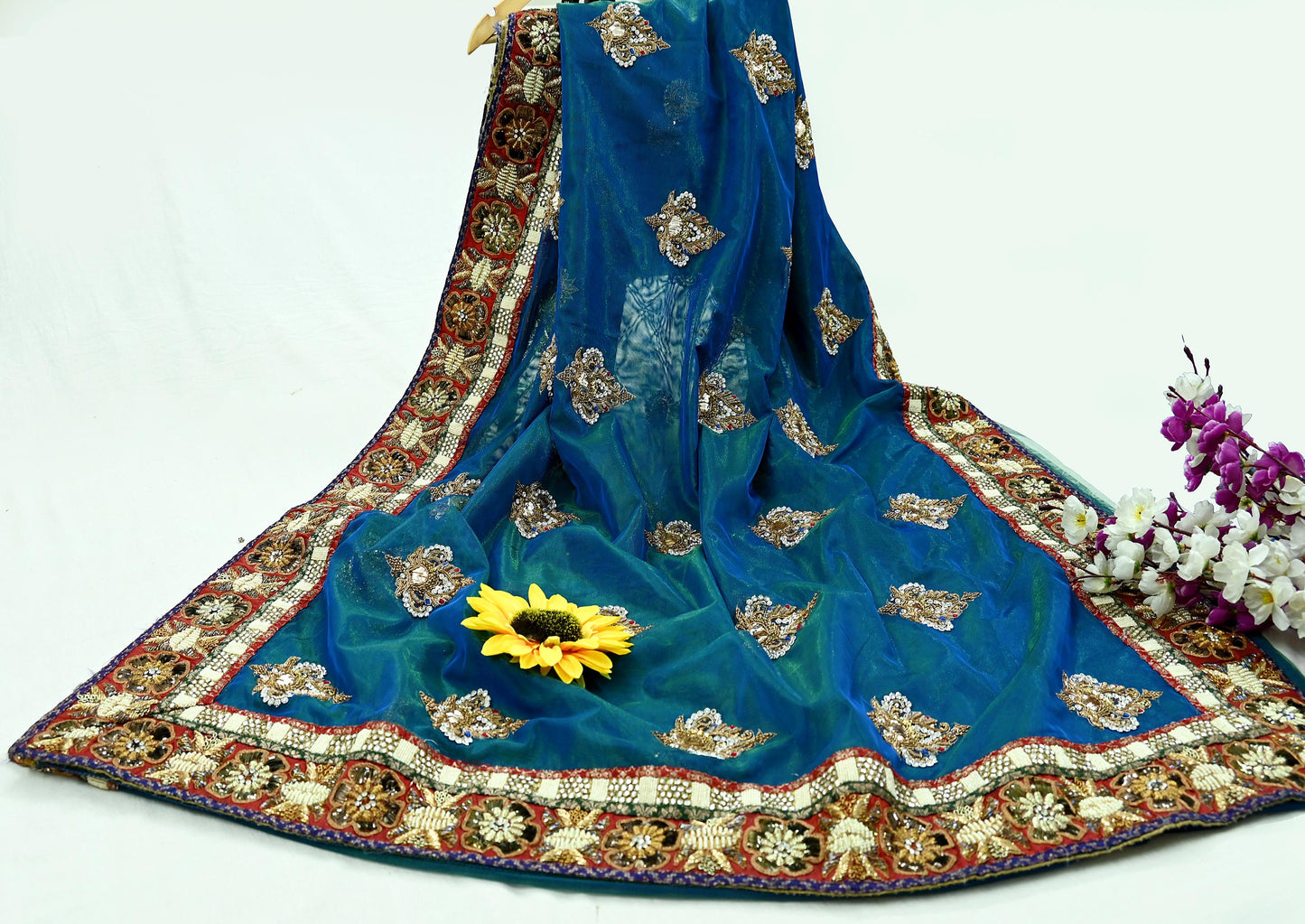 Indian Pre-owned Sari Blue & Green Net/Mesh Hand Embroidered Anamika Khanna Designer Sarees Ethnic 6Yd Zardozi/Dabka Zari Wedding Sarees