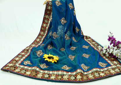 Indian Pre-owned Sari Blue & Green Net/Mesh Hand Embroidered Anamika Khanna Designer Sarees Ethnic 6Yd Zardozi/Dabka Zari Wedding Sarees