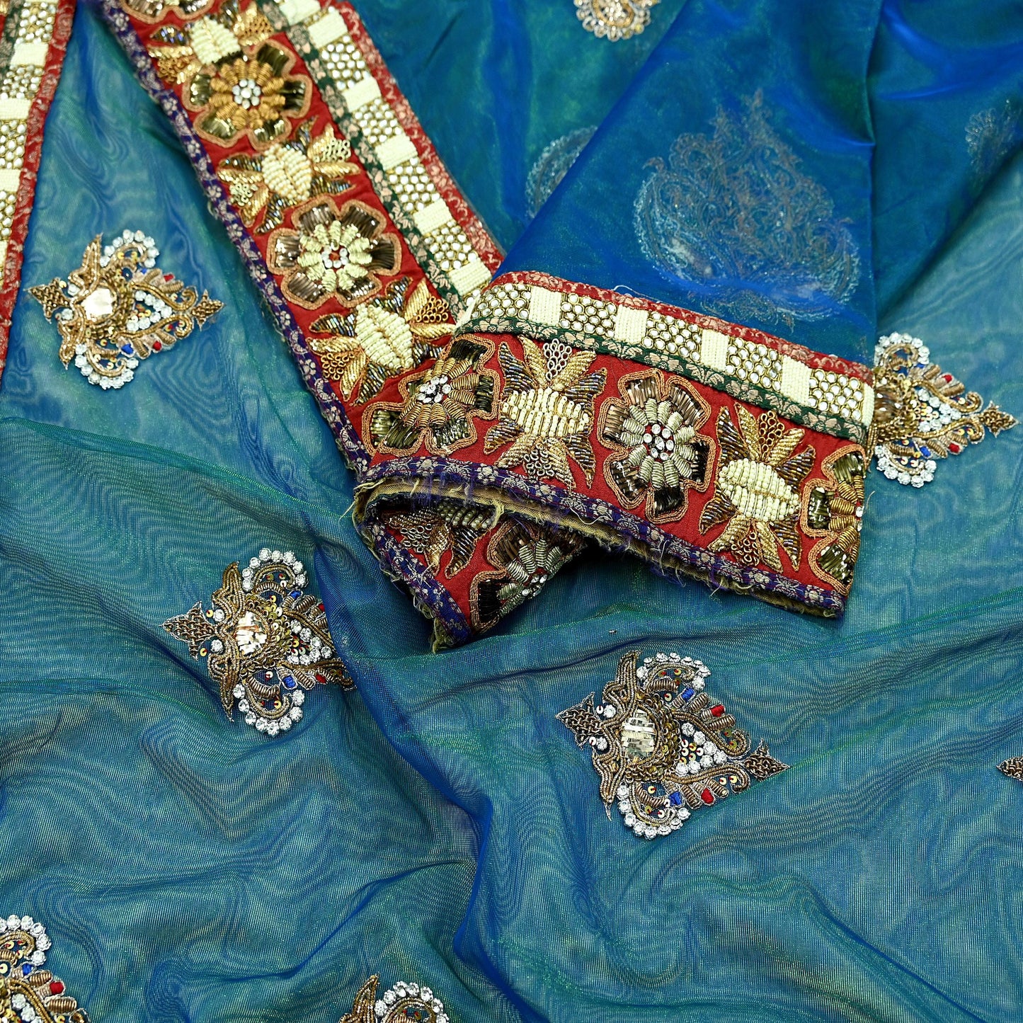 Indian Pre-owned Sari Blue & Green Net/Mesh Hand Embroidered Anamika Khanna Designer Sarees Ethnic 6Yd Zardozi/Dabka Zari Wedding Sarees