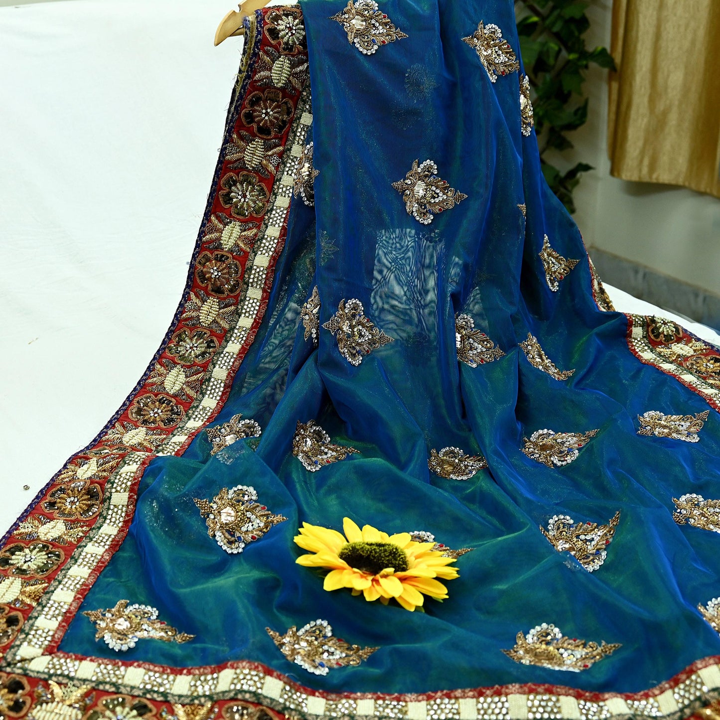 Indian Pre-owned Sari Blue & Green Net/Mesh Hand Embroidered Anamika Khanna Designer Sarees Ethnic 6Yd Zardozi/Dabka Zari Wedding Sarees