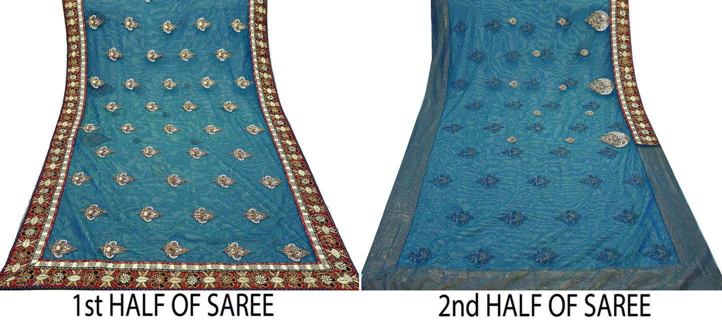 Indian Pre-owned Sari Blue & Green Net/Mesh Hand Embroidered Anamika Khanna Designer Sarees Ethnic 6Yd Zardozi/Dabka Zari Wedding Sarees