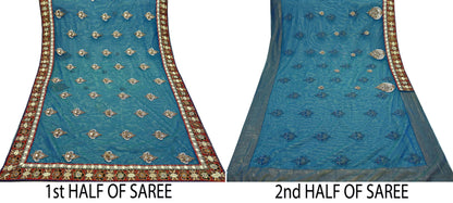 Indian Pre-owned Sari Blue & Green Net/Mesh Hand Embroidered Anamika Khanna Designer Sarees Ethnic 6Yd Zardozi/Dabka Zari Wedding Sarees