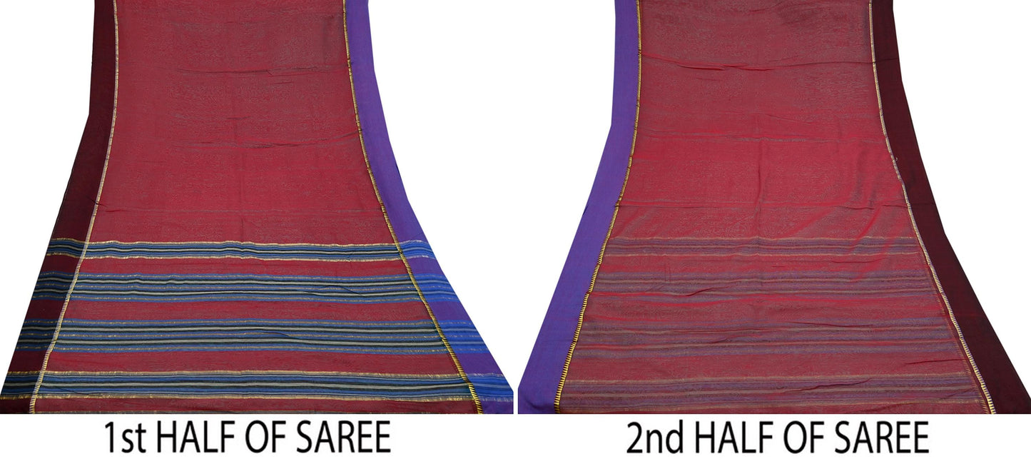 Indian Vintage Sari Maroon Chanderi Cotton Hand Woven Sarees 6Yd Craft Fabric Soft Sewing Sarong Dress Making Quilting Crafting Zari Border