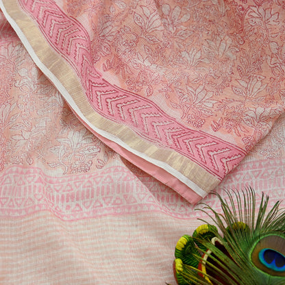 Indian Vintage Sari Pure Chanderi Cotton Hand Block Printed Sarees 6Yd Craft Fabric Soft Sewing Sarong Dress Making Quilting Crafting Zari