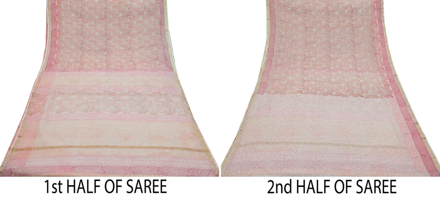 Indian Vintage Sari Pure Chanderi Cotton Hand Block Printed Sarees 6Yd Craft Fabric Soft Sewing Sarong Dress Making Quilting Crafting Zari