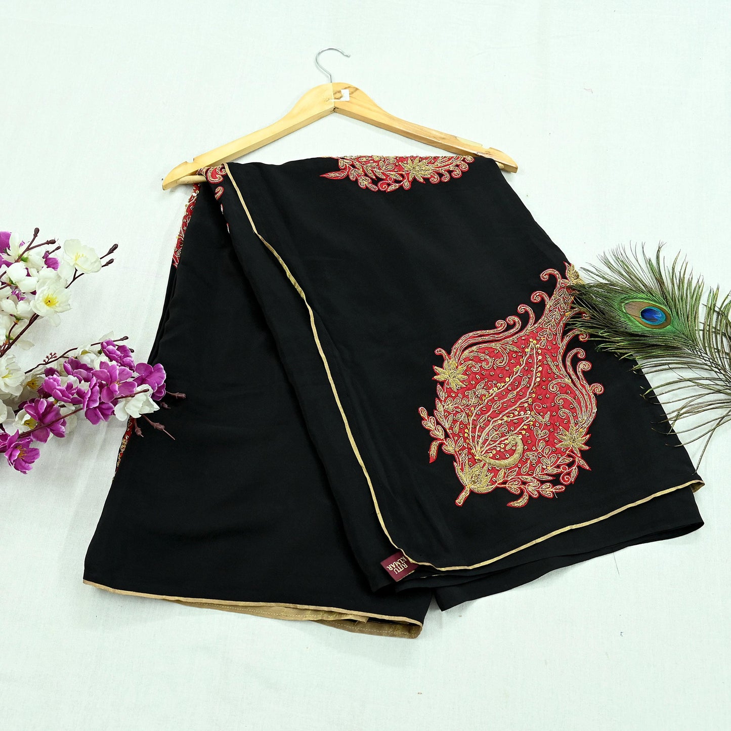 Indian Vintage Sari Black Pure Crepe Silk Pre-owned Hand Embroidered Ritu Kumar Designer Sarees Fabric 5Yd Soft Ethnic Bollywood Party sari