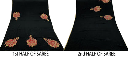 Indian Vintage Sari Black Pure Crepe Silk Pre-owned Hand Embroidered Ritu Kumar Designer Sarees Fabric 5Yd Soft Ethnic Bollywood Party sari
