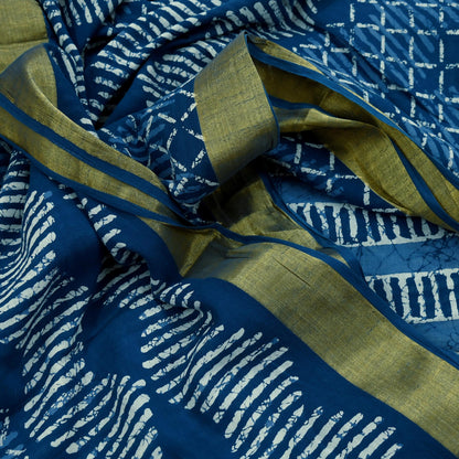 Indian Vintage Sari Blue Pure Chanderi Cotton Hand Block Printed Sarees 5Yd Craft Fabric Soft Sewing Sarong Dress Making Quilting Crafting