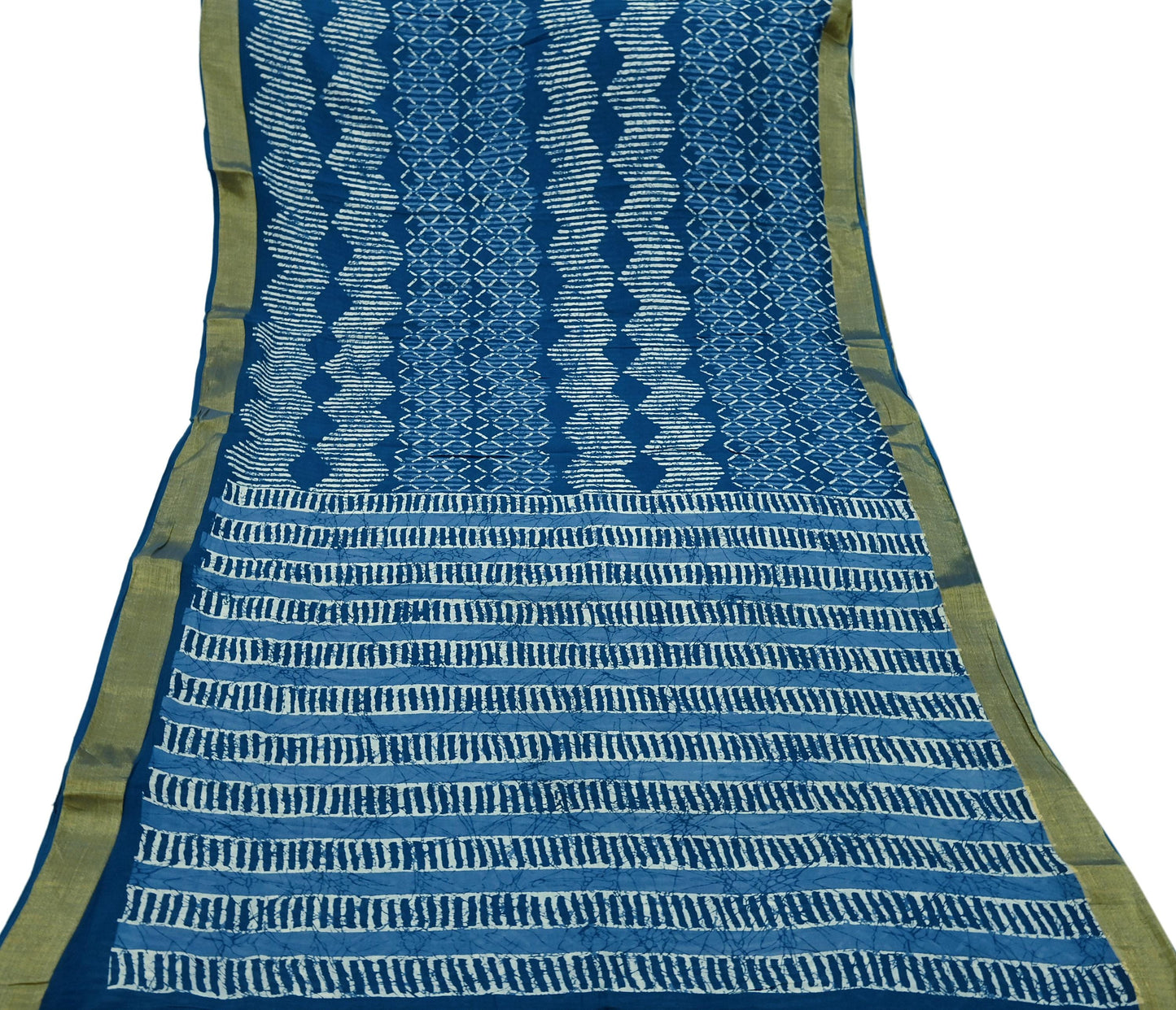 Indian Vintage Sari Blue Pure Chanderi Cotton Hand Block Printed Sarees 5Yd Craft Fabric Soft Sewing Sarong Dress Making Quilting Crafting