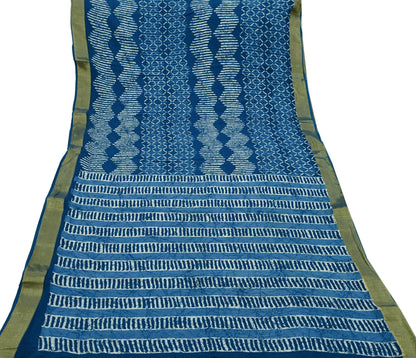 Indian Vintage Sari Blue Pure Chanderi Cotton Hand Block Printed Sarees 5Yd Craft Fabric Soft Sewing Sarong Dress Making Quilting Crafting