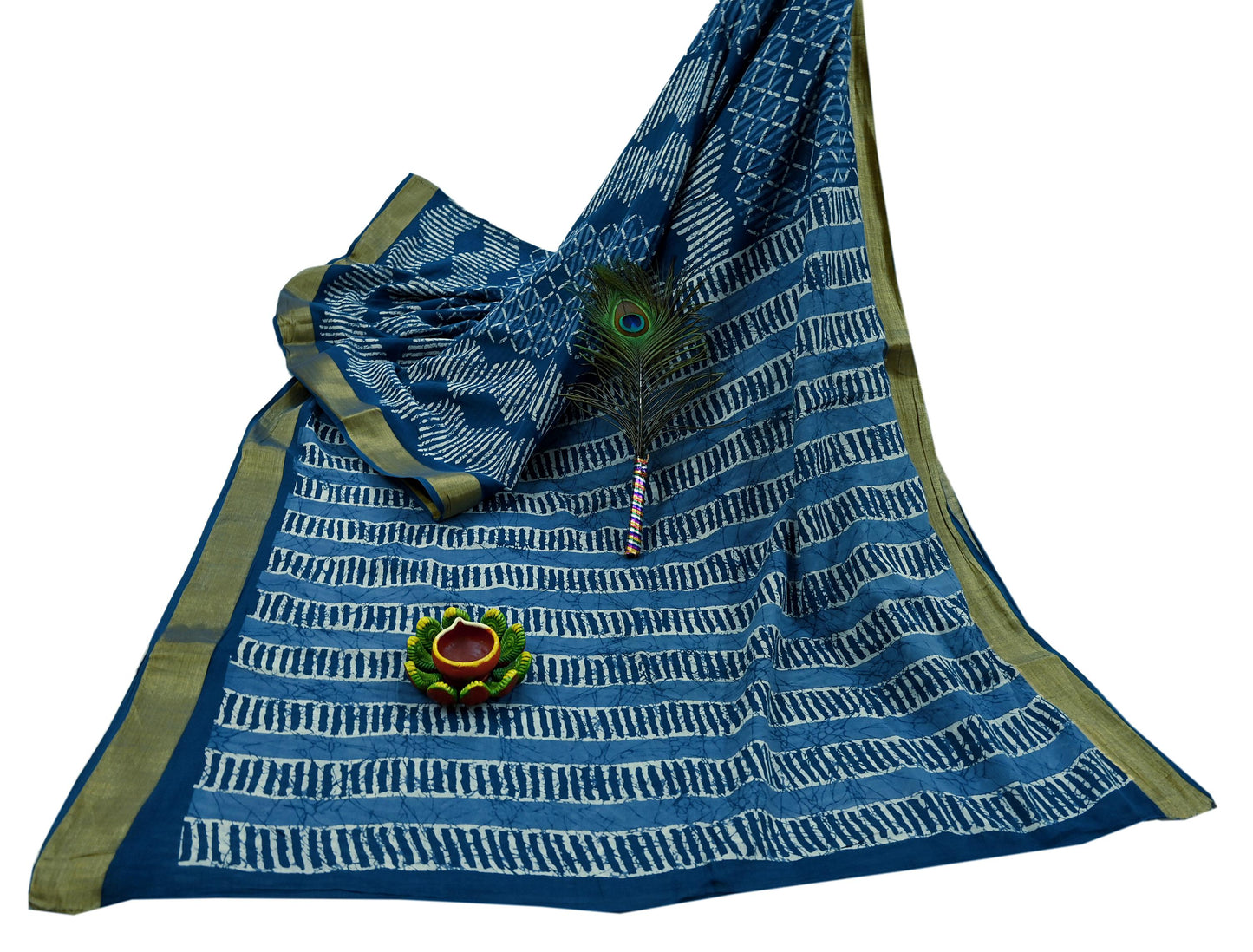 Indian Vintage Sari Blue Pure Chanderi Cotton Hand Block Printed Sarees 5Yd Craft Fabric Soft Sewing Sarong Dress Making Quilting Crafting