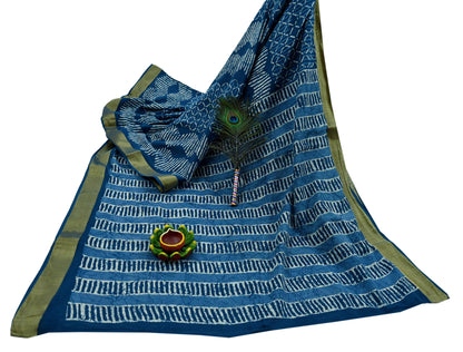 Indian Vintage Sari Blue Pure Chanderi Cotton Hand Block Printed Sarees 5Yd Craft Fabric Soft Sewing Sarong Dress Making Quilting Crafting