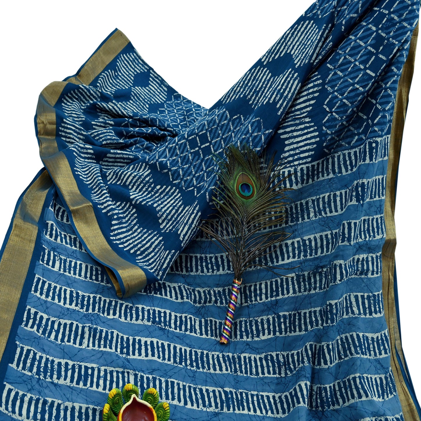 Indian Vintage Sari Blue Pure Chanderi Cotton Hand Block Printed Sarees 5Yd Craft Fabric Soft Sewing Sarong Dress Making Quilting Crafting