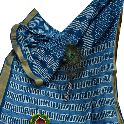 Indian Vintage Sari Blue Pure Chanderi Cotton Hand Block Printed Sarees 5Yd Craft Fabric Soft Sewing Sarong Dress Making Quilting Crafting