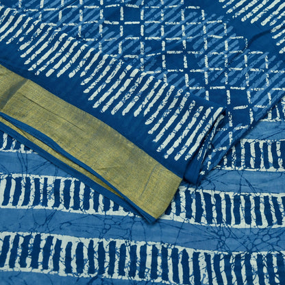 Indian Vintage Sari Blue Pure Chanderi Cotton Hand Block Printed Sarees 5Yd Craft Fabric Soft Sewing Sarong Dress Making Quilting Crafting