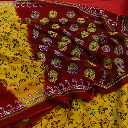 Indian Vintage Maroon & Yellow Saree Georgette Hand Embroidered Kantha Sari Craft Fabric 5yd Sewing Floral Soft Sequins Dress making Upcycle