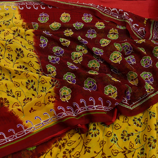 Indian Vintage Maroon & Yellow Saree Georgette Hand Embroidered Kantha Sari Craft Fabric 5yd Sewing Floral Soft Sequins Dress making Upcycle