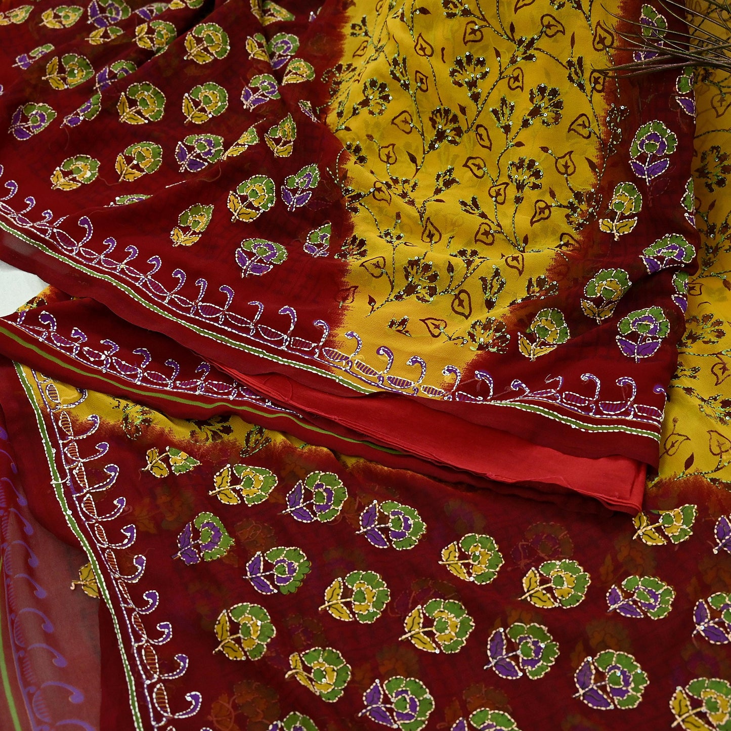 Indian Vintage Maroon & Yellow Saree Georgette Hand Embroidered Kantha Sari Craft Fabric 5yd Sewing Floral Soft Sequins Dress making Upcycle