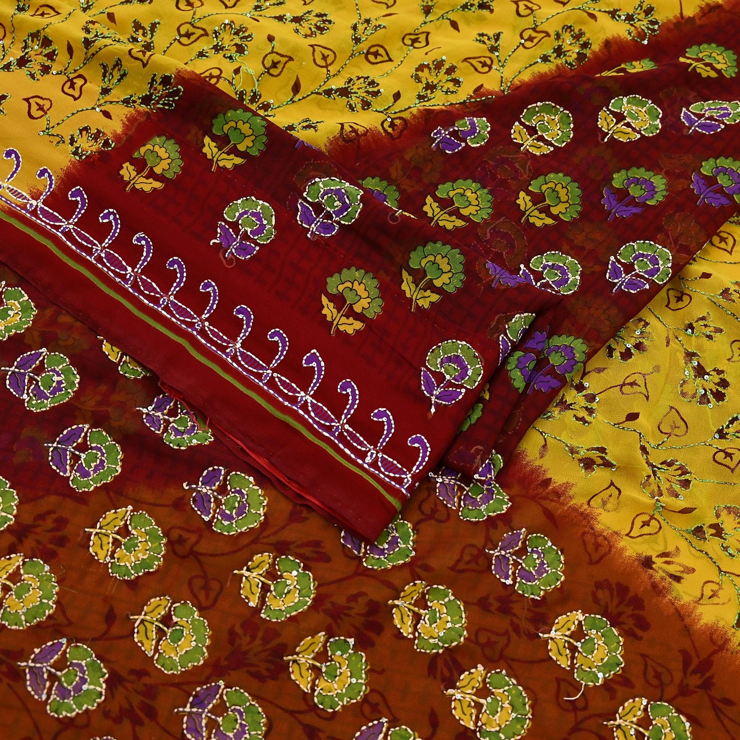 Indian Vintage Maroon & Yellow Saree Georgette Hand Embroidered Kantha Sari Craft Fabric 5yd Sewing Floral Soft Sequins Dress making Upcycle