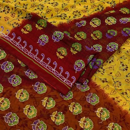 Indian Vintage Maroon & Yellow Saree Georgette Hand Embroidered Kantha Sari Craft Fabric 5yd Sewing Floral Soft Sequins Dress making Upcycle