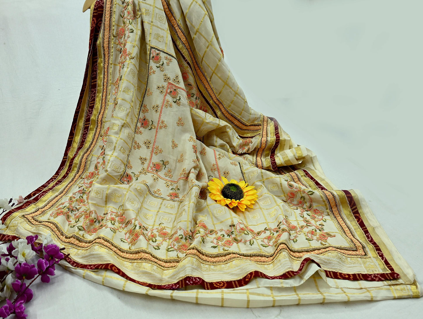Indian Pre-owned Sari Cream Pure Silk Hand Embroidered Anamika Khanna Designer Sarees Ethnic 6Yd Zardozi/Dabka Zari Wedding Sarees