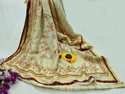 Indian Pre-owned Sari Cream Pure Silk Hand Embroidered Anamika Khanna Designer Sarees Ethnic 6Yd Zardozi/Dabka Zari Wedding Sarees