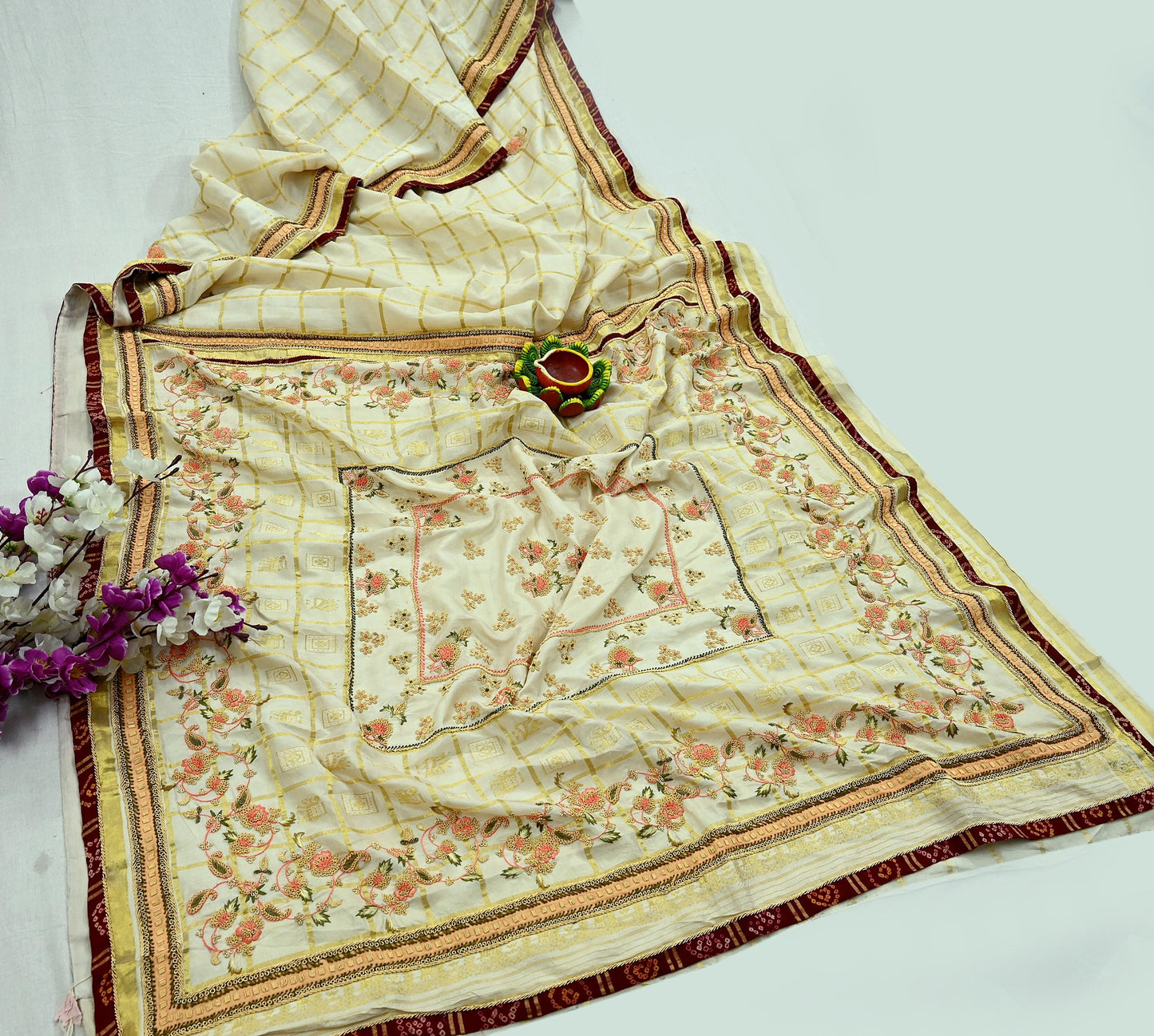 Indian Pre-owned Sari Cream Pure Silk Hand Embroidered Anamika Khanna Designer Sarees Ethnic 6Yd Zardozi/Dabka Zari Wedding Sarees
