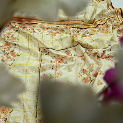 Indian Pre-owned Sari Cream Pure Silk Hand Embroidered Anamika Khanna Designer Sarees Ethnic 6Yd Zardozi/Dabka Zari Wedding Sarees