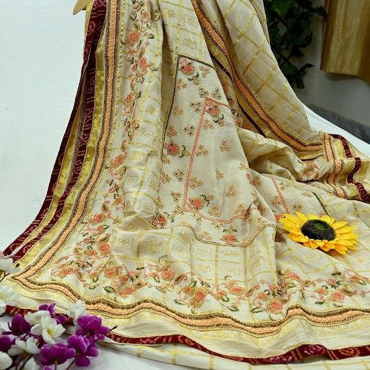 Indian Pre-owned Sari Cream Pure Silk Hand Embroidered Anamika Khanna Designer Sarees Ethnic 6Yd Zardozi/Dabka Zari Wedding Sarees