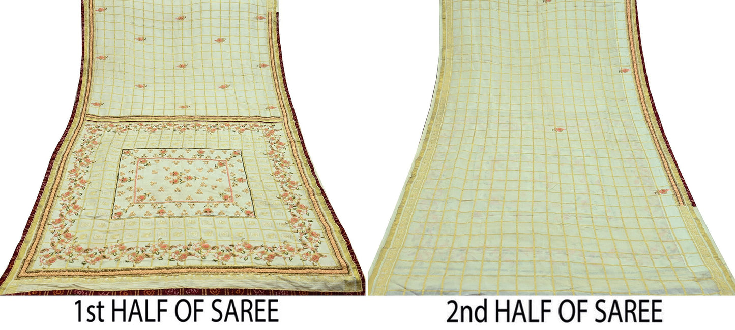 Indian Pre-owned Sari Cream Pure Silk Hand Embroidered Anamika Khanna Designer Sarees Ethnic 6Yd Zardozi/Dabka Zari Wedding Sarees