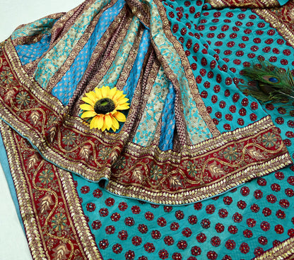 Indian Pre-Owned Sari Blue Pure Georgette Silk Hand Embroidered Designer Anamika Khanna Lehenga Sarees Ethnic Zardozi/Dabka Wedding Sarees