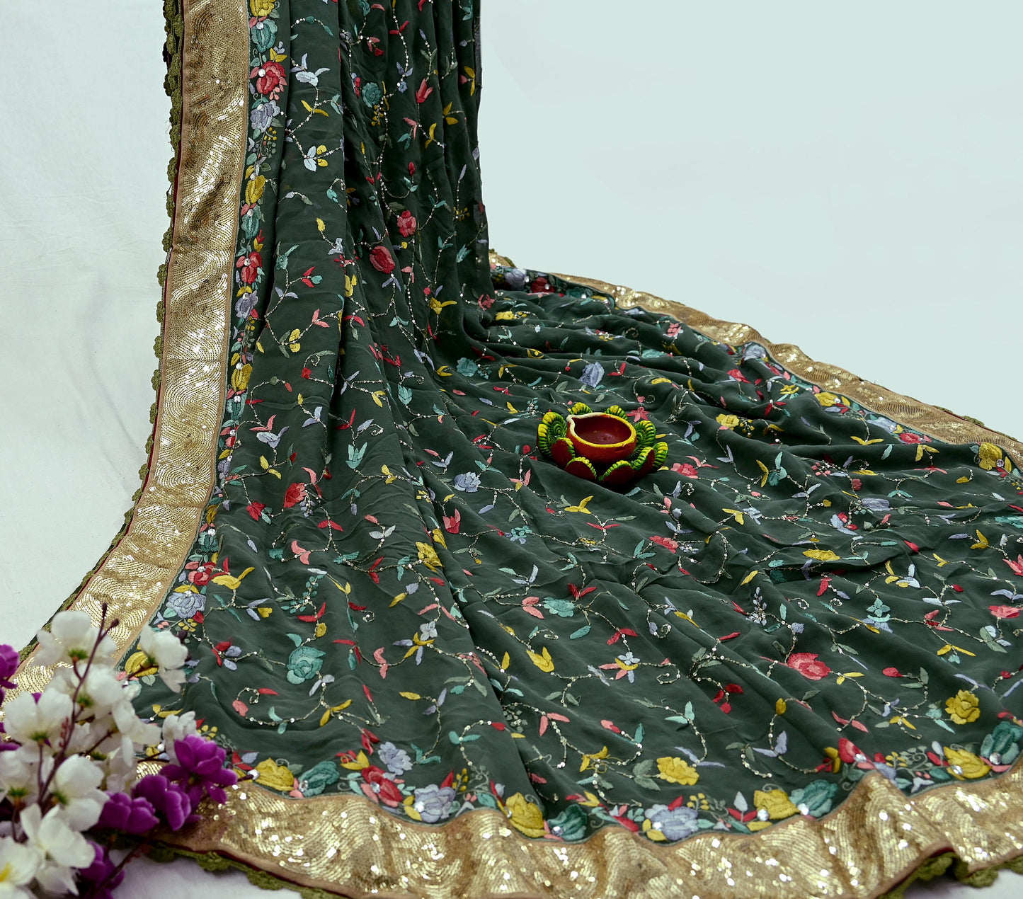 Indian Vintage Heavy Sari Green Pure Georgette Silk Hand Embroidered Parsi Gara Sarees Craft Fabric 5Yd Sewing Dress making Wedding Crafting