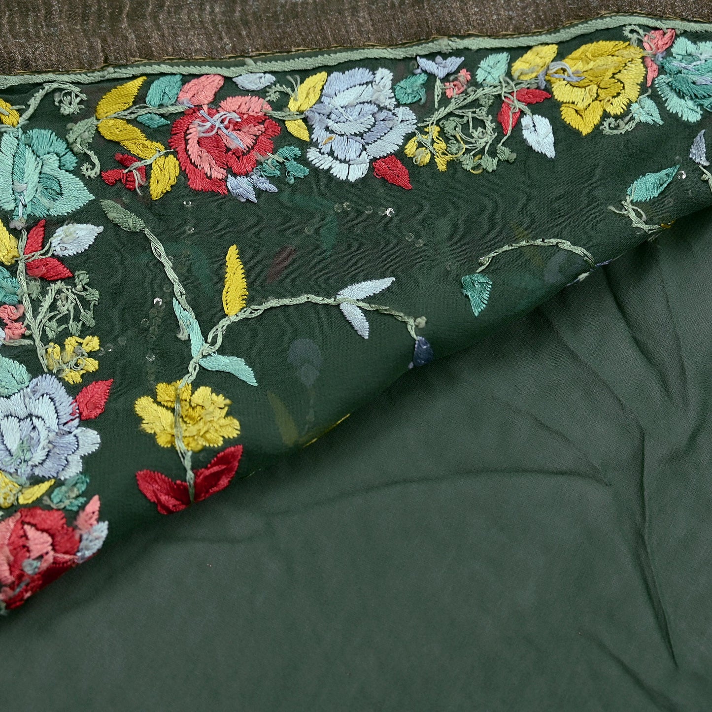 Indian Vintage Heavy Sari Green Pure Georgette Silk Hand Embroidered Parsi Gara Sarees Craft Fabric 5Yd Sewing Dress making Wedding Crafting
