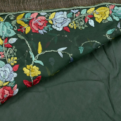 Indian Vintage Heavy Sari Green Pure Georgette Silk Hand Embroidered Parsi Gara Sarees Craft Fabric 5Yd Sewing Dress making Wedding Crafting