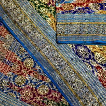 Indian Antique Vintage Heavy Wedding Sari Multi Pure Satin Silk Hand Woven Banarasi Sarees Zari 5Yd Pre-owned