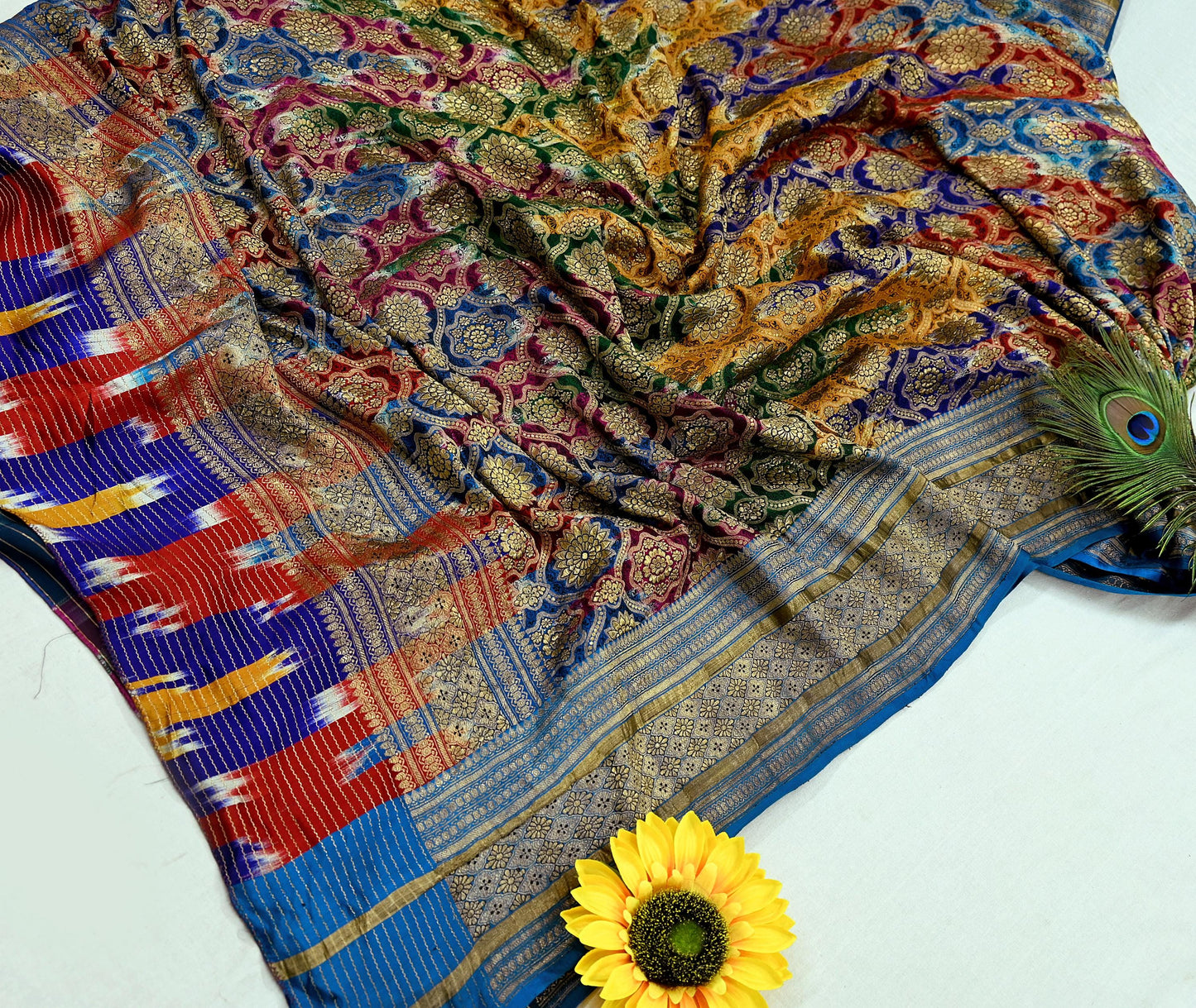 Indian Antique Vintage Heavy Wedding Sari Multi Pure Satin Silk Hand Woven Banarasi Sarees Zari 5Yd Pre-owned