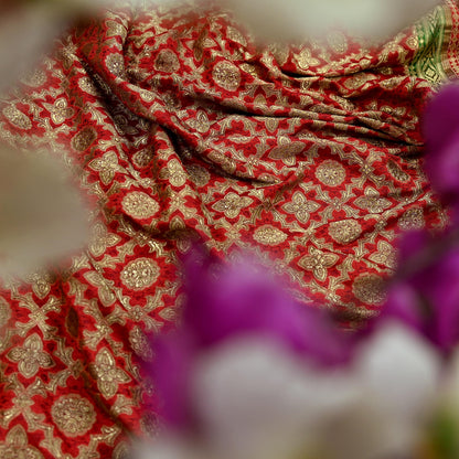 Indian Antique Vintage Heavy Wedding Sari Red & Green Pure Satin Silk Hand Woven Banarasi Sarees Zari 5Yd Floral Pre-owned Designing
