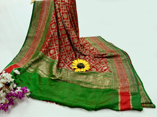 Indian Antique Vintage Heavy Wedding Sari Red & Green Pure Satin Silk Hand Woven Banarasi Sarees Zari 5Yd Floral Pre-owned Designing