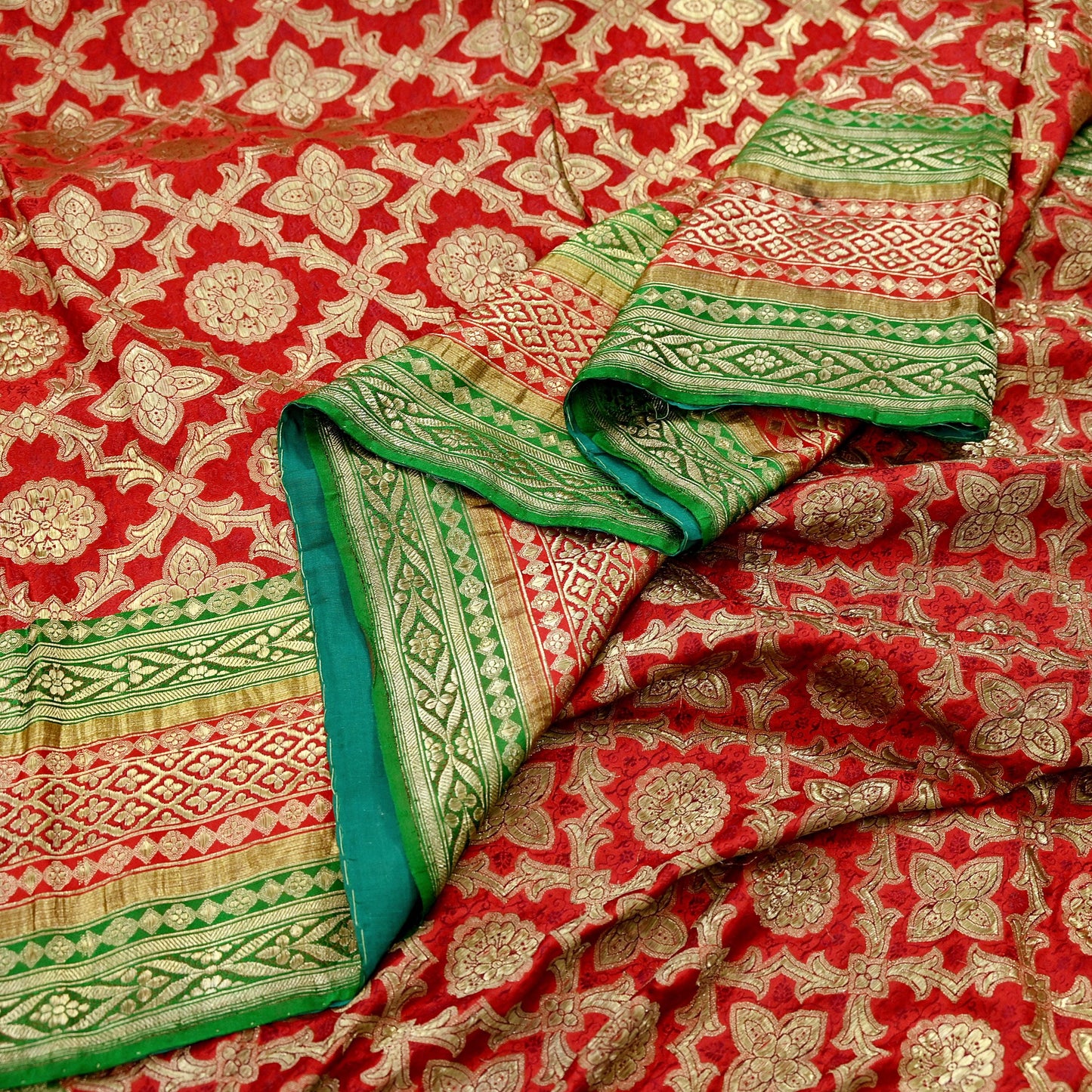 Indian Antique Vintage Heavy Wedding Sari Red & Green Pure Satin Silk Hand Woven Banarasi Sarees Zari 5Yd Floral Pre-owned Designing