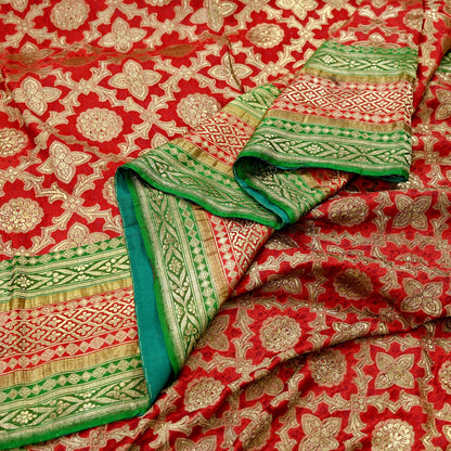 Indian Antique Vintage Heavy Wedding Sari Red & Green Pure Satin Silk Hand Woven Banarasi Sarees Zari 5Yd Floral Pre-owned Designing