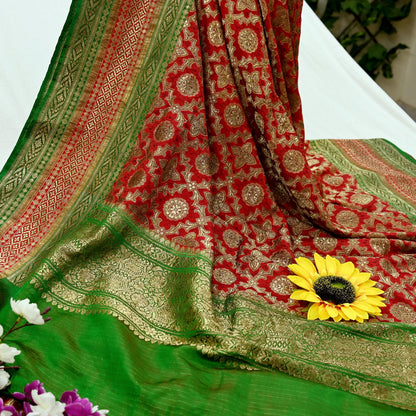 Indian Antique Vintage Heavy Wedding Sari Red & Green Pure Satin Silk Hand Woven Banarasi Sarees Zari 5Yd Floral Pre-owned Designing