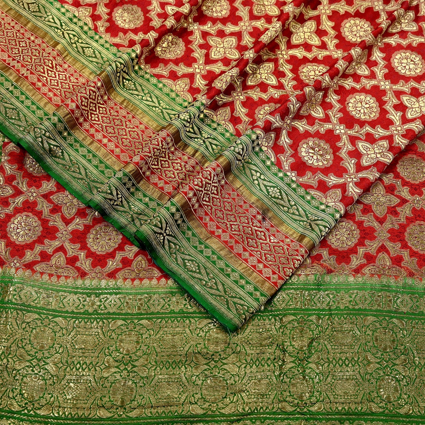 Indian Antique Vintage Heavy Wedding Sari Red & Green Pure Satin Silk Hand Woven Banarasi Sarees Zari 5Yd Floral Pre-owned Designing