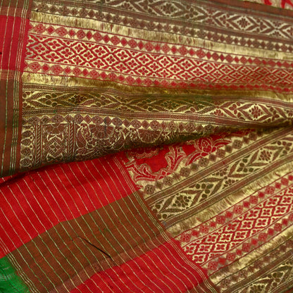Indian Antique Vintage Heavy Wedding Sari Red & Green Pure Satin Silk Hand Woven Banarasi Sarees Zari 5Yd Floral Pre-owned Designing