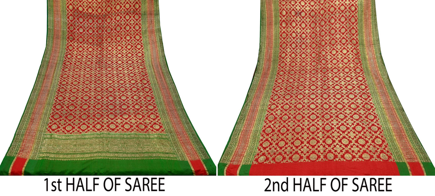 Indian Antique Vintage Heavy Wedding Sari Red & Green Pure Satin Silk Hand Woven Banarasi Sarees Zari 5Yd Floral Pre-owned Designing