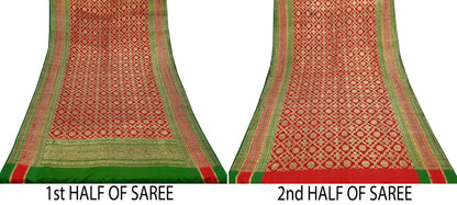Indian Antique Vintage Heavy Wedding Sari Red & Green Pure Satin Silk Hand Woven Banarasi Sarees Zari 5Yd Floral Pre-owned Designing