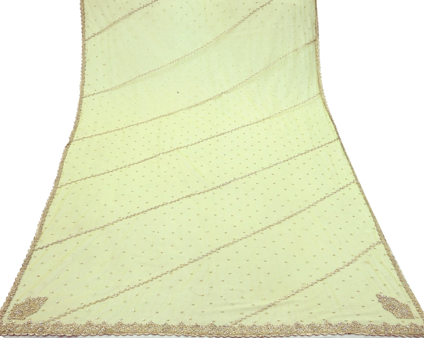 Indian Vintage Neon Green Dupatta Net Mesh Long Stole Hand Embroidered Scarves Golden Zardozi Zari Sequins Hijab Veil wrap Boho