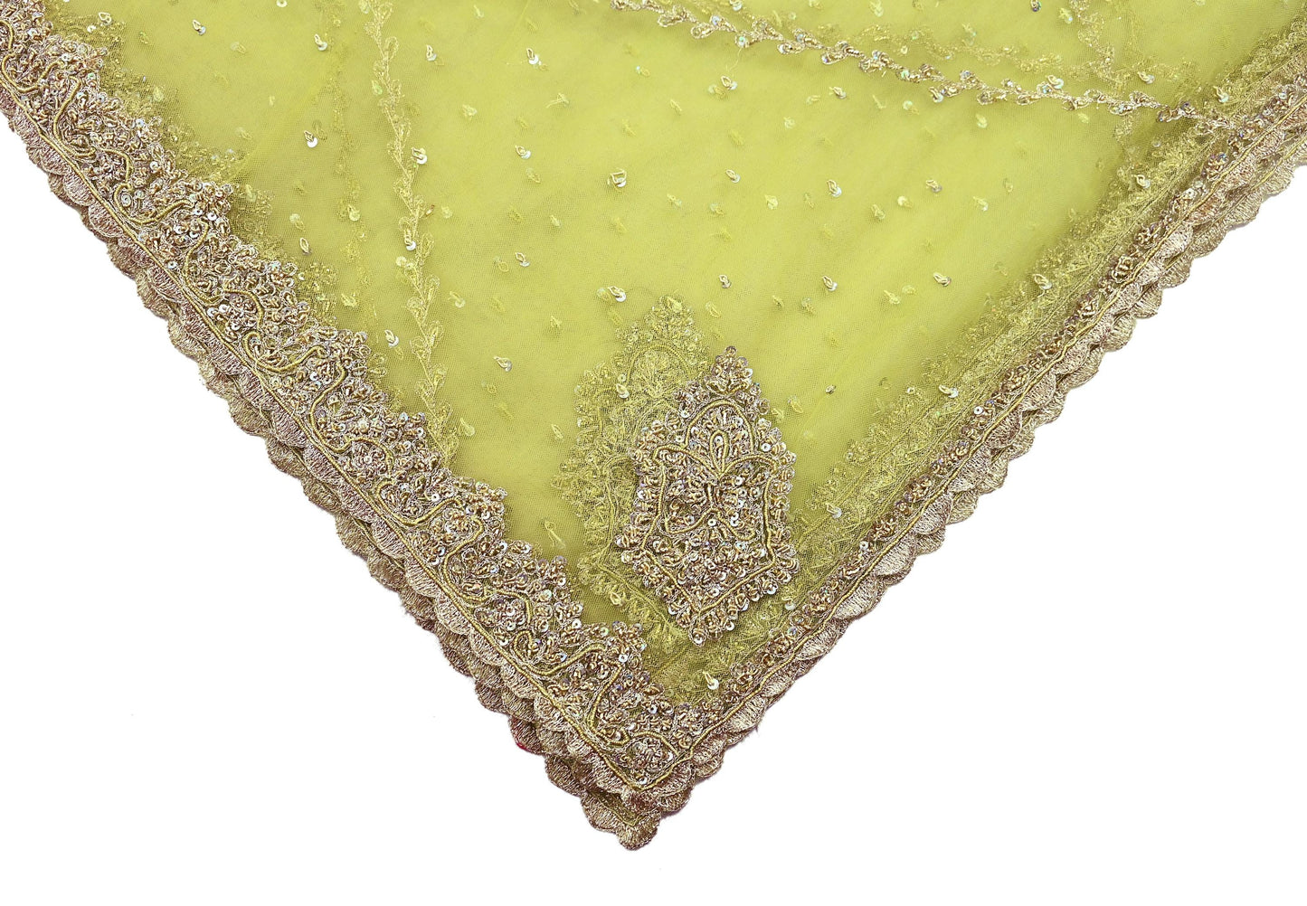 Indian Vintage Neon Green Dupatta Net Mesh Long Stole Hand Embroidered Scarves Golden Zardozi Zari Sequins Hijab Veil wrap Boho